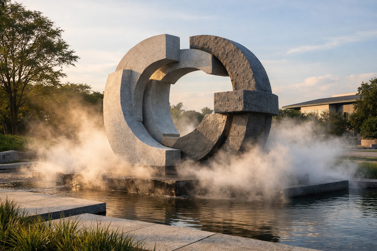 藝術霧化動態裝置工程情境，公園景觀中的霧化裝置營造視覺效果