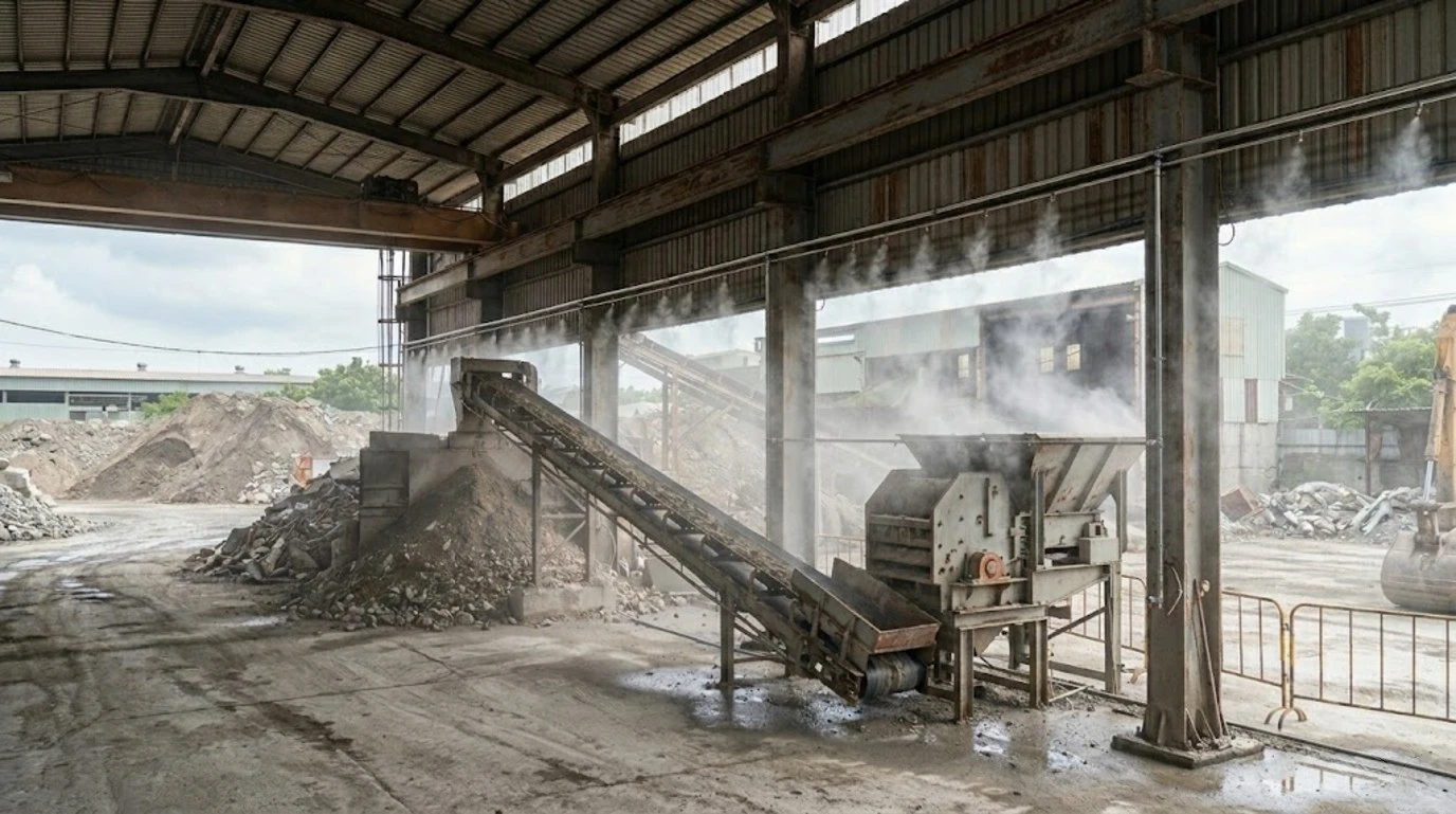 工地除塵與異味改善工程情境，施工現場使用噴霧抑塵降低粉塵