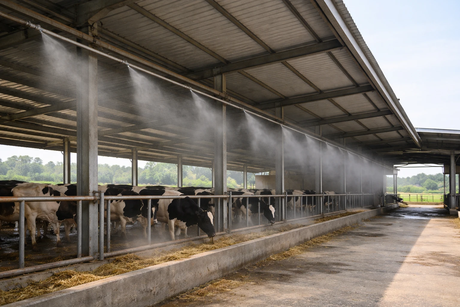 畜牧場抑菌與氣味控制工程情境，畜舍使用霧化系統抑菌並降低異味外逸