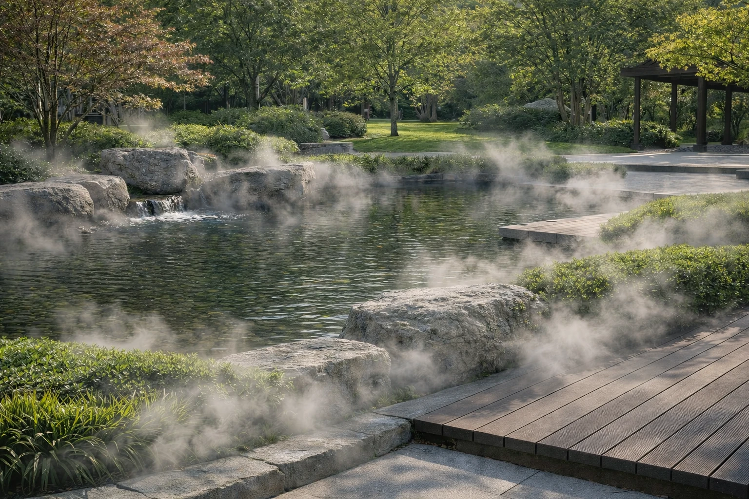 戶外造景蚊蟲干擾改善工程情境，景觀水池周邊以霧化減少蚊蟲干擾