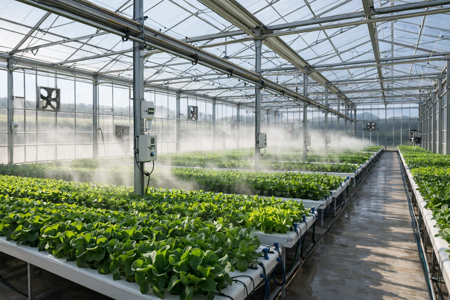 農業智慧環控整廠整合工程情境，溫室內霧化與環控系統提升作物生產穩定性